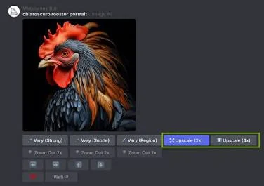 Upgrading image resolution using Midjourney's native upscale buttons.